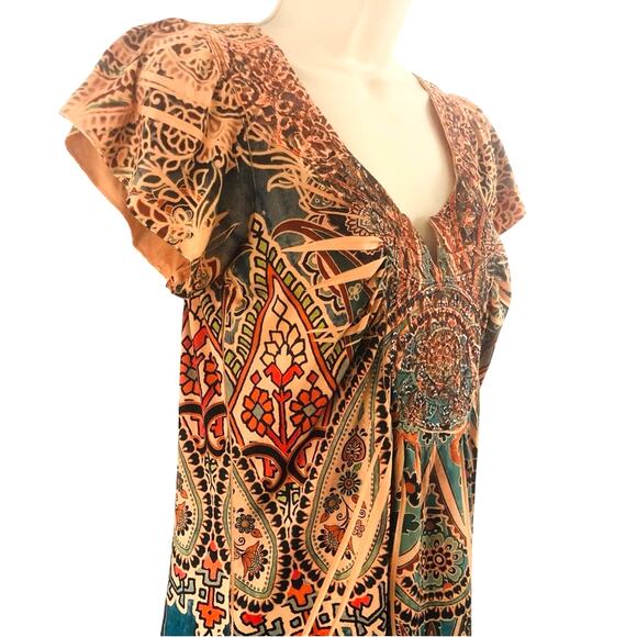 One World Flattering Multi Color Coral Paisley Pop Over Top V Neck Light Weight - Picture 4 of 16